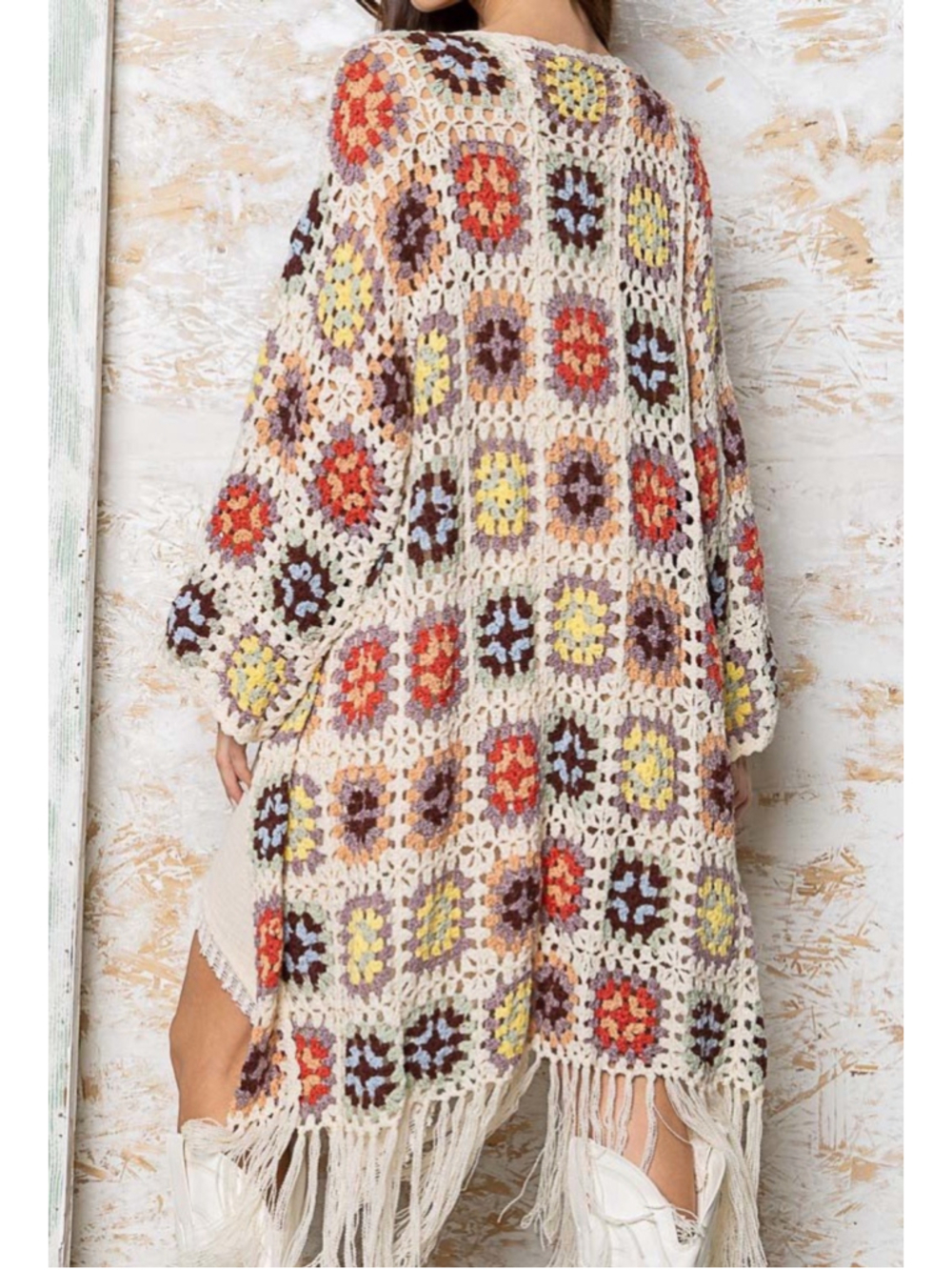 POL Crochet Granny Square Cardigan L Boho Duster Fringe Hippie Festival - Picture 2 of 7
